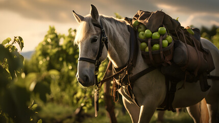 Pack horse carrying apples in an orchard with sunset. Concept of food transportation, logistics and cargo. - obrazy, fototapety, plakaty