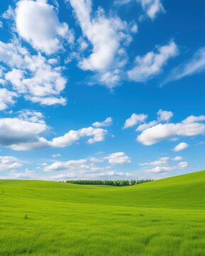Green rolling hills under blue sky with white clouds