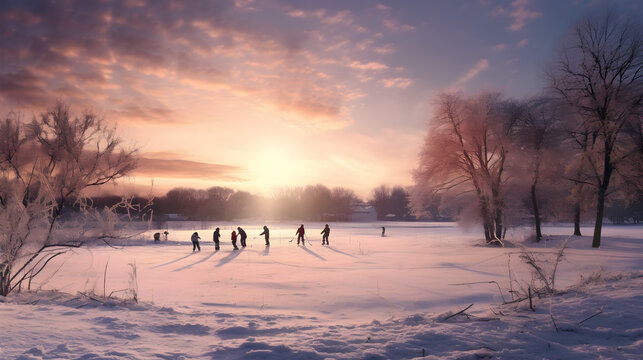 Group of children playing ice hockey on frozen lake in winter surrounded by trees and sunset in the background.
