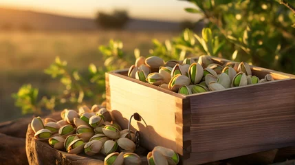 Fotobehang Pistachio nuts harvested in a wooden box in a plantation with sunset. Natural organic fruit abundance. Agriculture, healthy and natural food concept. © linda_vostrovska