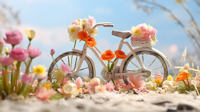 Vintage bicycle full of spring flowers in the basket standing on a meadow with grass growing through the melting snow. Concept of spring coming and winter leaving.
