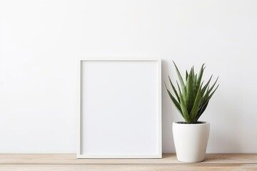 White frame mockup with green plant in a pot on a floor. Frame with copy space. Minimalistic interior design with empty frame