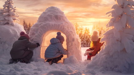 Group of children building igloo in winter countryside with snow covered surface, trees and sunset in the background. - obrazy, fototapety, plakaty