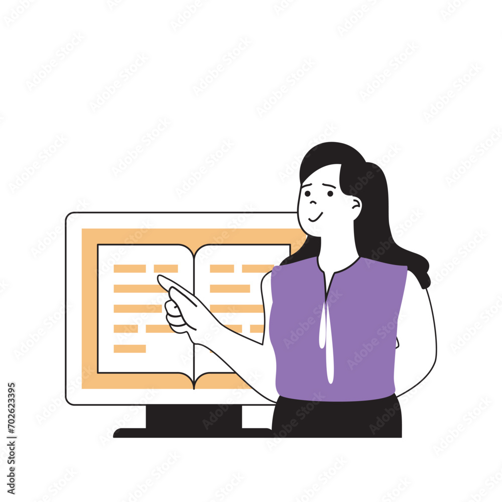 Poster education concept with cartoon people in flat design for web. student reading electronic textbook an