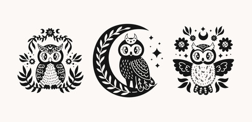Owl doodle set. Cute hand drawn night bird characters collection with moon, branch, flowers and stars. Black colored mystical clipart. Vector illustration for print, t shirt, tattoo design