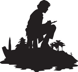 An Alone Boy sitting by the side of river silhouette vector illustration