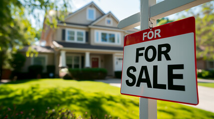 Obraz premium 'For Sale' sign in front of a house in the suburbs, concept of housing market. Shallow field of view. 