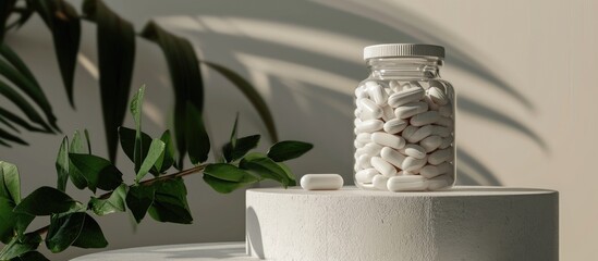 White jar containing women's vitamins on a podium.