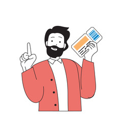 Travel concept with cartoon people in flat design for web. Man with flight ticket going to resort vacation with landmark sightseeing. Vector illustration for social media banner, marketing material.