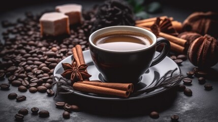 Obraz na płótnie Canvas Coffee cup and saucer with coffee beans, cinnamon sticks, star anise and brown sugar on dark background