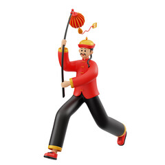 3D Chinese Man Character Run Holding Lantern Illustration