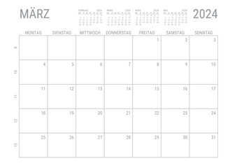 Monat Kalender März 2024 Monatskalender Kalenderblatt Kalendarium mit Kalenderwoche Planer DIN A4 Deutsch - obrazy, fototapety, plakaty