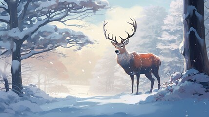 A cartoon deer with a winter coat, surrounded by snow-covered trees in a snowy forest, portraying the magic of a winter wonderland.