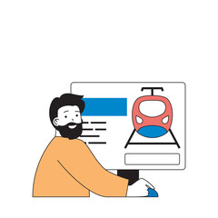Travel concept with cartoon people in flat design for web. Man planning vacation trip in different country and booking train tickets. Vector illustration for social media banner, marketing material.