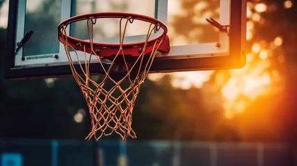 Fotobehang Basketball hoop on a basketball court. Close-up of a basketball hoop. © LAYHONG