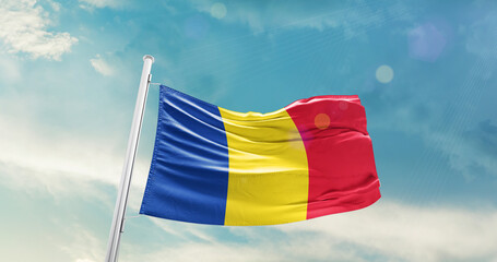 Romania national flag cloth fabric waving on the sky - Image