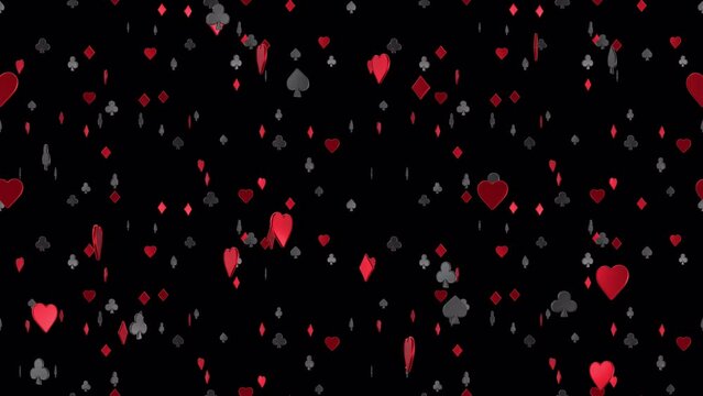 Poker Playing Cards LOOP TILE Symbol Falling with alpha. This 3d animation of the Hearts, Diamonds, Spades and Clubs Poker Card Symbols is loopable and tileable.