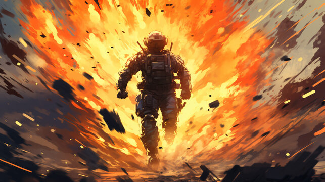Futuristic soldier running away from giant explosion