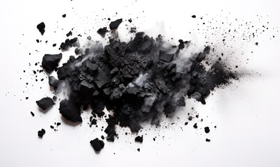 black charcoal photographed from above on a white background. generative AI - obrazy, fototapety, plakaty