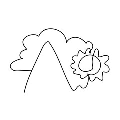 One line drawing of sun and mountains on white background