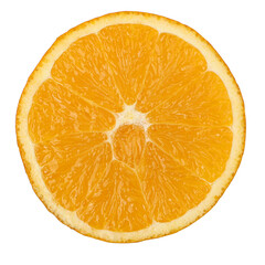 Orange fruit and citrus. Delicious half orange, isolated on a round slice white. Top view. png isolated.