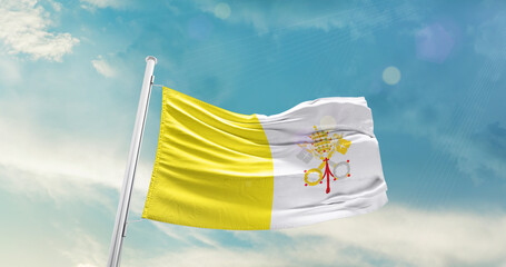 Vatican City national flag cloth fabric waving on the sky - Image - obrazy, fototapety, plakaty