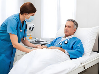 Obraz premium Doctor checking patient's condition in hospital bed