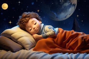 Cartoon boy sleeping and dreaming of becoming an astronaut. Generative AI image.