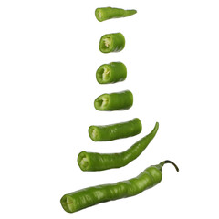 Sliced green peppers isolated on a white background, sliced green fresh peppers arranged in triangles, png isolated background.