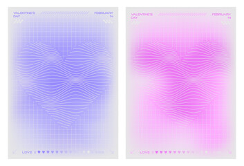 Modern y2k design Valentine's Day poster, background, card, invitation set. Trendy aesthetic minimalist vector illustrations with wave hearts, abstract shapes, gradient, grid and typography.