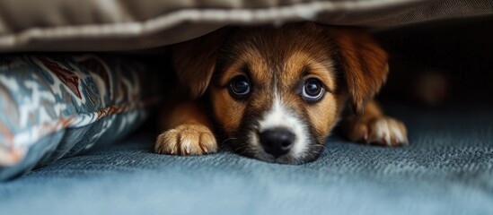 Cute home puppy hiding beneath sofa. - obrazy, fototapety, plakaty