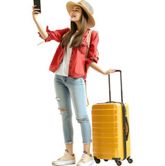 Full length traveler tourist woman in casual clothes hat hold suitcase do selfie on mobile cell phone. Passenger travel abroad weekends. Air flight journey concept - obrazy, fototapety, plakaty