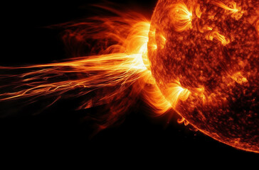 Fire in the dark. Close-up of the sun. Solar activity and solar wind, plasma firing.