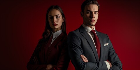 A pair of legal professionals in suits against a deep red background