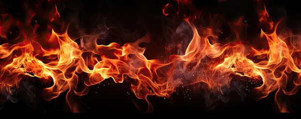 Fototapeta na wymiar Fire flames on black wide background.