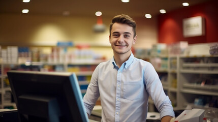 Obraz premium Portrait of young attractive confident cashier smiling behind the super market counter, showcasing the pleasant, diverse shopping experience for customers