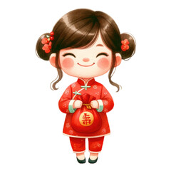 Fototapeta premium Watercolor girl in red chinese suit holding a money bag. Chinese New Year concept. Red chinese suit girl holding a money bag clipart.