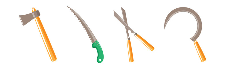 Garden Tool with Axe, Knife, Scythe and Secateurs Vector Set