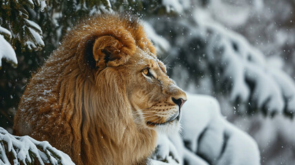 Portrait of a lion in the snow