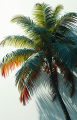 Fototapeta na wymiar Palm tree in the wind. Palm tree and its shadow on a white background