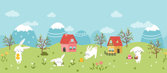 Cute Easter Egg hunt design for children, hand drawn with cute bunnies, eggs and decorations - great for party invitations, banners, wallpapers - vector - obrazy, fototapety, plakaty