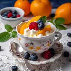 Cottage cheese with fruits in a cup on a beautiful saucer, healthy eating concept. Delicious breakfast
