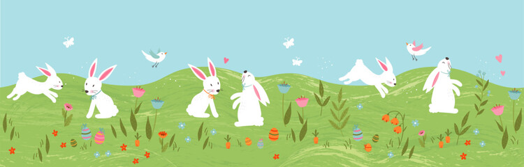 Cute Easter Egg hunt design for children, hand drawn with cute bunnies, eggs and decorations - great for party invitations, banners, wallpapers - vector