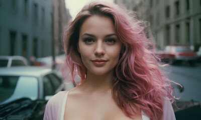 ragazza con i capelli rosa che sorride