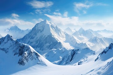 Naklejka premium Majestic snowy peaks with soft clouds in a blue sky