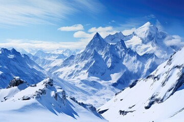 Fototapeta na wymiar Sunlit mountain range with snow under a dynamic sky
