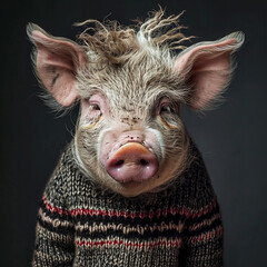Portrait of pig in sweater