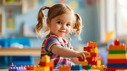 Fotobehang Smiling girl with pigtails creatively plays with colorful building blocks in a sunlit playroom. © Maxim