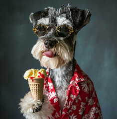 Terrier dog in clothes eating ice cream