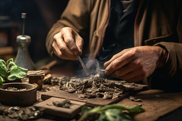 An artisan's hands carefully preparing snuff, surrounded by tobacco leaves and traditional tools
